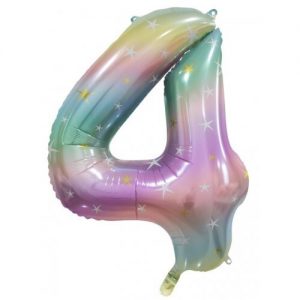 86cm Number 4 Foil Balloon Pastel Rainbow with Stars #213794 - Each (Pkgd.) Self Sealing Valve - Fill with Air or Helium.