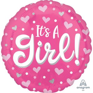 45cm Round It's A Girl Hearts & Dots Foil Balloon #4041425 - Each (Pkgd) Self Sealing Foil Balloon