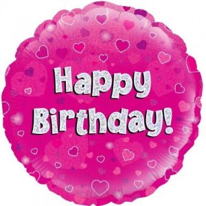 45cm Round Happy Birthday Pink Holographic Foil Balloon #30210460 - Each (Pkgd.) Holographic Foil Balloon, Self-Sealing Valve