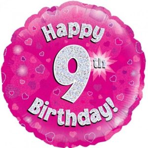 45cm Round Happy 9th Birthday Pink Holographic Foil Balloon #30210469 - Each (Pkgd.) Holographic Foil Balloon, Self-Sealing Valve
