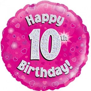 45cm Round Happy 10th Birthday Pink Holographic Foil Balloon #30210470 - Each (Pkgd.) Holographic Foil Balloon, Self-Sealing Valve