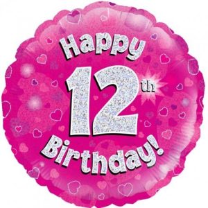 45cm Round Happy 12th Birthday Pink Holographic Foil Balloon #30210472 - Each (Pkgd.) Holographic Foil Balloon, Self-Sealing Valve