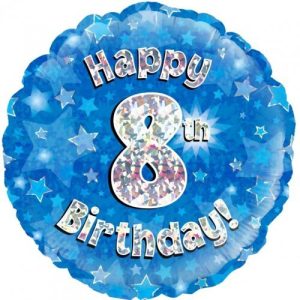 45cm Round Happy 8th Birthday Blue Holographic Foil Balloon #30210498 - Each (Pkgd.) Holographic Foil Balloon, Self-Sealing Valve