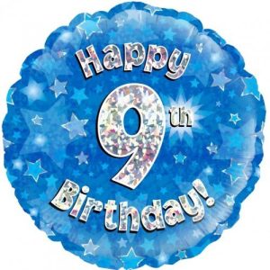 45cm Round Happy 9th Birthday Blue Holographic Foil Balloon #30210499 - Each (Pkgd.) Holographic Foil Balloon, Self-Sealing Valve