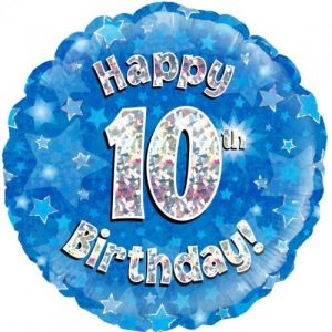 45cm Round Happy 10th Birthday Blue Holographic Foil Balloon #30210500 - Each (Pkgd.) Holographic Foil Balloon, Self-Sealing Valve