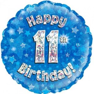 45cm Round Happy 11th Birthday Blue Holographic Foil Balloon #30210501 - Each (Pkgd.) Holographic Foil Balloon, Self-Sealing Valve