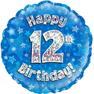 45cm Round Happy 12th Birthday Blue Holographic Foil Balloon #30210502 - Each (Pkgd.) Holographic Foil Balloon, Self-Sealing Valve