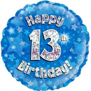 45cm Round Happy 13th Birthday Blue Holographic Foil Balloon #30210503 - Each (Pkgd.) Holographic Foil Balloon, Self-Sealing Valve