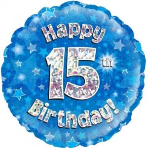 45cm Round Happy 15th Birthday Blue Holographic Foil Balloon #30210505 - Each (Pkgd.) Holographic Foil Balloon, Self-Sealing Valve