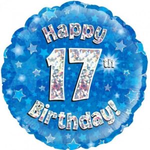 45cm Round Happy 17th Birthday Blue Holographic Foil Balloon #30210507 - Each (Pkgd.) Holographic Foil Balloon, Self-Sealing Valve