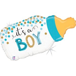 83cm Shape Confetti Baby Bottle Boy Holographic Foil Balloon #2525136GHP - Each (Pkgd.)
