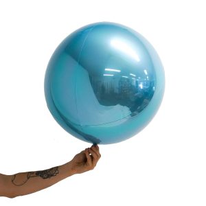 Loon Balls Metallic Light Blue 51cm Balloons #287626 - Each (Pkgd) Perfectly round foil sphere - 20" size - Helium Or Air Inflate. Can also be filled with 60% helium and 40% air. Recommended to start inflation with a hand pump then move to a latex or bubble regulator and finish inflation with the hand pump until all creases fully disappear. Please be aware when inflating: Do NOT put nozzle too far into the balloon, if inserted too far or inflated too fast or with too much pressure the valve will damage and leak.