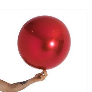 Loon Balls Metallic Red 51cm Balloons #288026 - Each (Pkgd) Perfectly round foil sphere - 20" size - Helium Or Air Inflate. Can also be filled with 60% helium and 40% air. Recommended to start inflation with a hand pump then move to a latex or bubble regulator and finish inflation with the hand pump until all creases fully disappear. Please be aware when inflating: Do NOT put nozzle too far into the balloon, if inserted too far or inflated too fast or with too much pressure the valve will damage and leak.