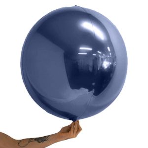 Loon Balls Metallic Navy Blue 61cm Balloons #289026 - Each (Pkgd) Perfectly round foil sphere - 24" size - Helium Or Air Inflate. Can also be filled with 60% helium and 40% air. Recommended to start inflation with a hand pump then move to a latex or bubble regulator and finish inflation with the hand pump until all creases fully disappear. Please be aware when inflating: Do NOT put nozzle too far into the balloon, if inserted too far or inflated too fast or with too much pressure the valve will damage and leak.