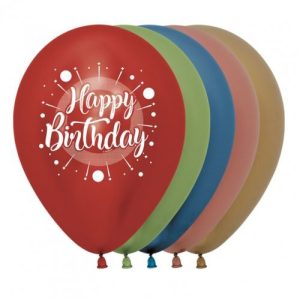 30cm Round Reflex Assorted Happy Birthday Sempertex Latex #30222254 - Pack of 50 This stylish new Reflex Sempertex latex 2 sided print is hot with the current geometric design trend - bringing a funky style to the birthday celebration!