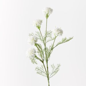 Cornflower Spray White 68cml  The Cornflower Spray floral stem, showcasing delicate white flowers. Effortlessly lifelike, this stunning addition brings the charm of a garden indoors.