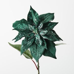 Christmas Poinsettia Stem Velvet Emerald Green 71cml #FI9852EM - Each Presenting our Emerald Velvet Poinsettia for a truly enchanting Christmas. Crafted with luxurious velvet petals and adorned with glitter finishes, each bloom embodies festive elegance, adding a touch of holiday magic to your decor.