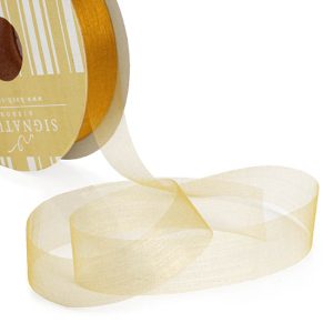 Ribbon Organza Gold Cut Edge 25mm x 100m #KC210025100GO - Each This cut edge organza ribbon is a great value option for hamper baskets and flower bouquets. Create a soft and subtle look when used.