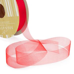 Ribbon Organza Red Cut Edge 25mm x 100m #KC210025100RE - Each This cut edge organza ribbon is a great value option for hamper baskets and flower bouquets. Create a soft and subtle look when used.