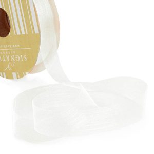 Ribbon Organza White Cut Edge 25mm x 100m #KC210025100WH - Each This cut edge organza ribbon is a great value option for hamper baskets and flower bouquets. Create a soft and subtle look when used.
