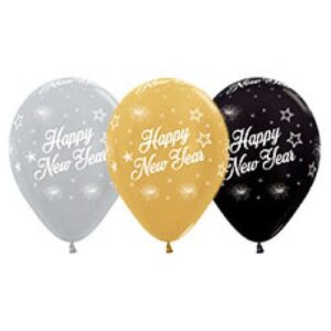 30cm Round Happy New Year Stars Assorted Satin/ Metallic Sempertex Latex #3022121425 - Pack of 25
